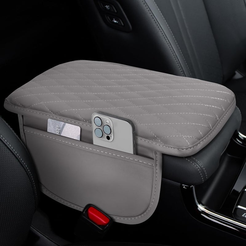 ongfuwu Car Center Console Cover, 12"×7.87" Waterproof Leather Auto Armrest Cover Protector with 2 Pocket, Comfortable Arm Rest Box Cushion Pad, Universal Interior Car Accessories (Gray) - Image 1